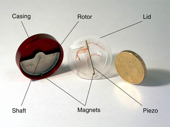 A piezoelectric frequency up-converting energy harvester with rotating proof mass for human body applications